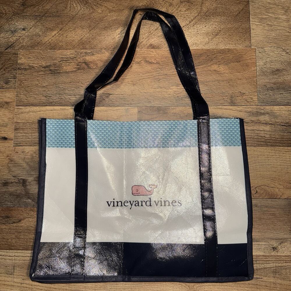 Vineyard Vines Plastic Reusable Tote Bag‎ 16”X 12”X 6” White/Blue & Pink Whale